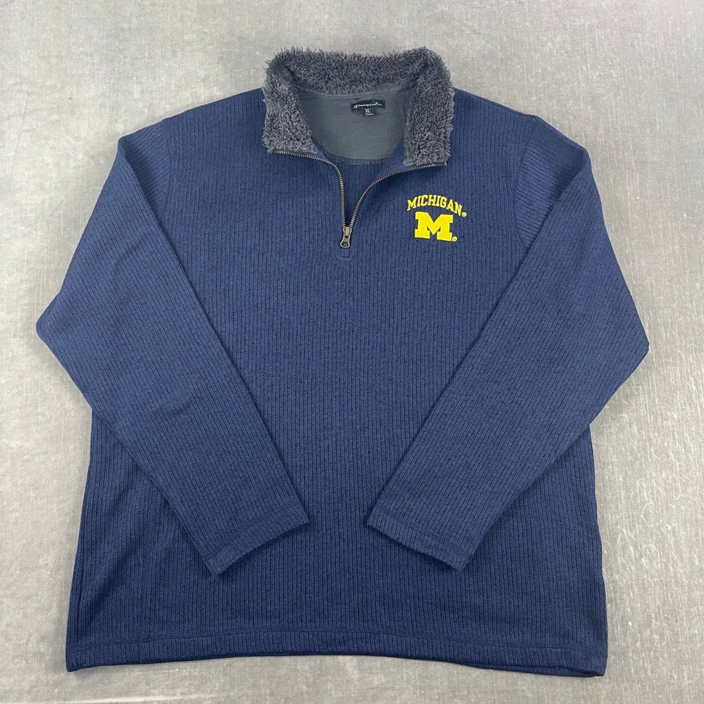 Michigan Univ Champion Men XL Blue Quarter Zip Ribbed Pullover Fleece Fur Collar